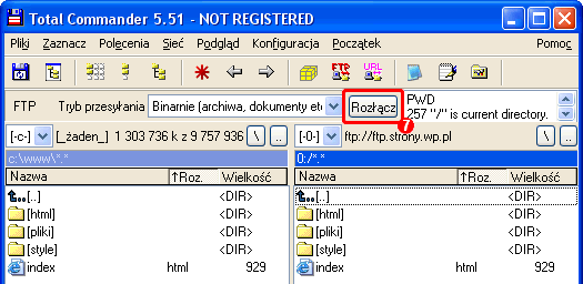 Okno programu Total Commander po poczeniu z serwerem FTP