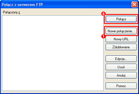 Okno dialogowe Pocz z serwerem FTP z list pocze